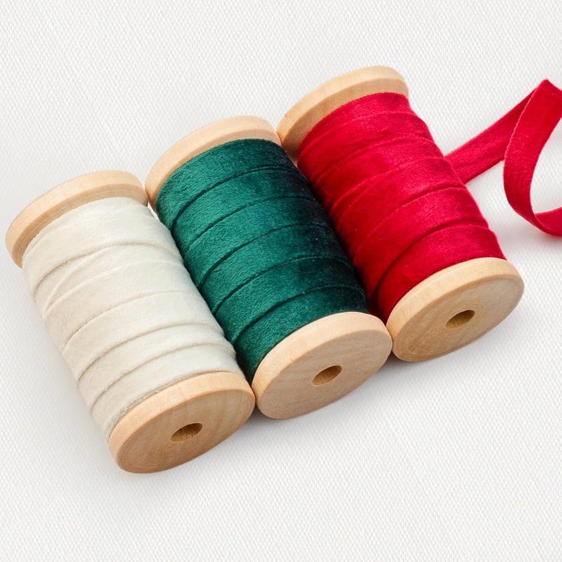 Garbendy Velvet Ribbon Set 3/8" Wide 3 Rolls * 5Yd Wooden Spool Fabric Trim for Christmas Decoration Handmade Craft Ornaments Gift Wrapping Decoration Party Wedding Arts Crafts（Red Green & Beige） - Image 1